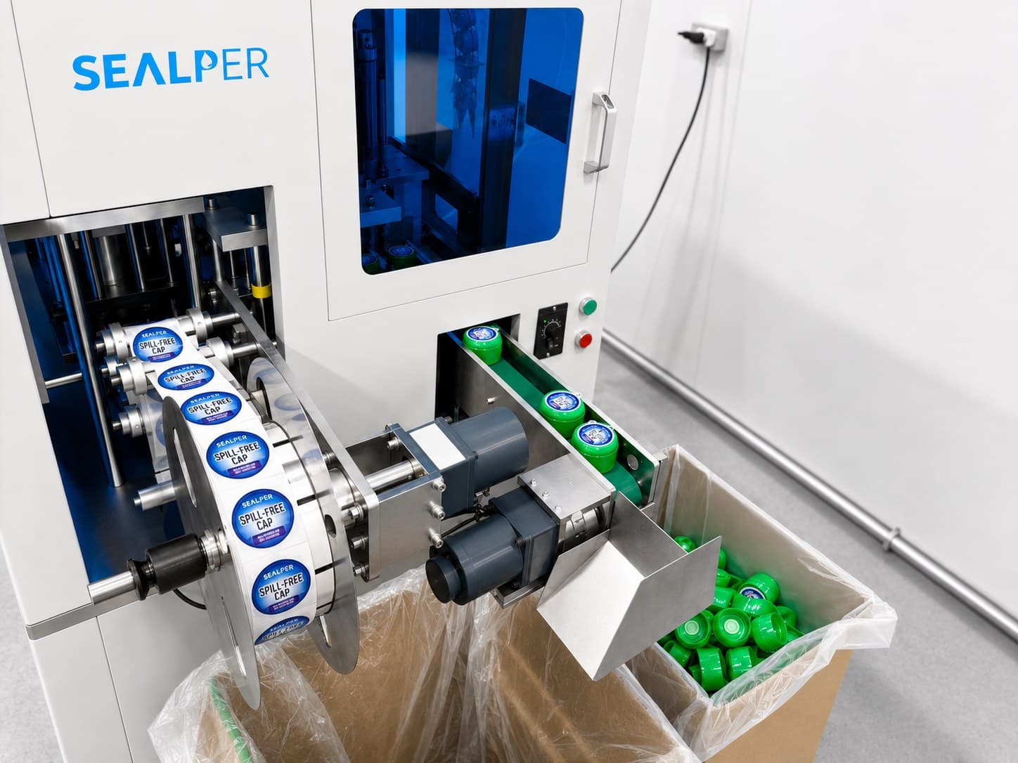 Cap labeling machine applying custom labels to 5 gallon water bottle caps